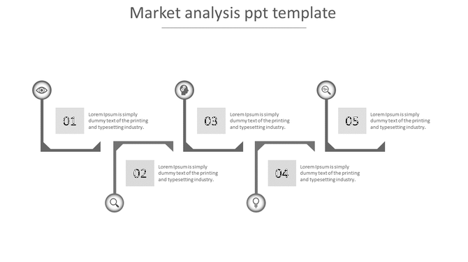 Market analysis template featuring a linear flow of five steps with numbered boxes and gray circular icons.