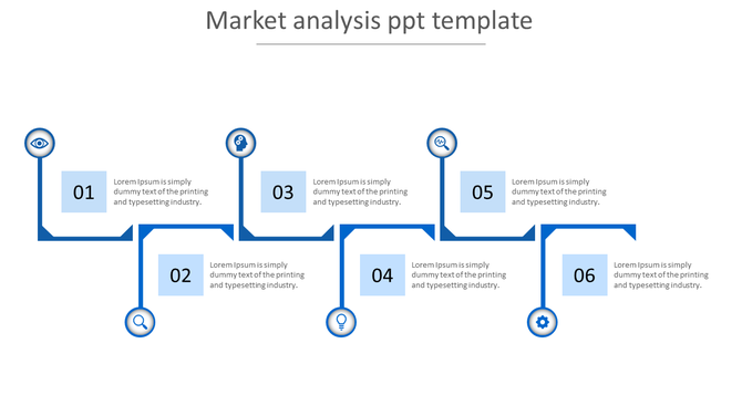 Market analysis PPT slide featuring six sections with blue icons from insights to results with placeholder text.
