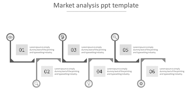 Market analysis slide with six gray marked line steps, each containing an icon and descriptive text.