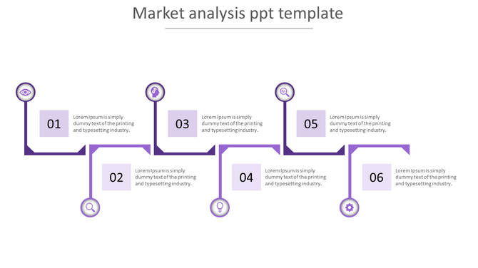 Market analysis diagram with six milestone markers, purple curved connectors, and icons representing different stages.