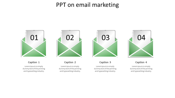 PPT email marketing template with four green envelopes containing pages numbered from 01 to 04.
