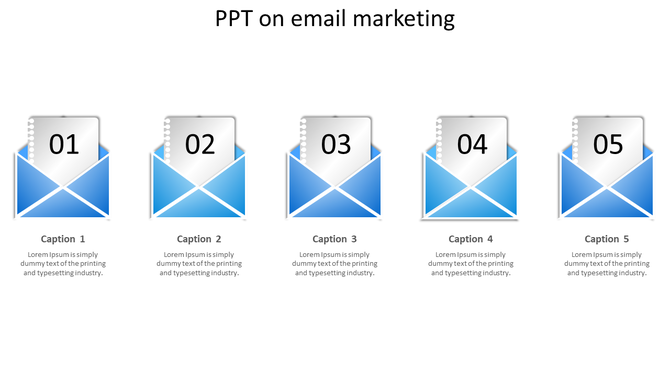 PPT email marketing template with five envelopes, each containing a numbered document, arranged from 1 to 5.