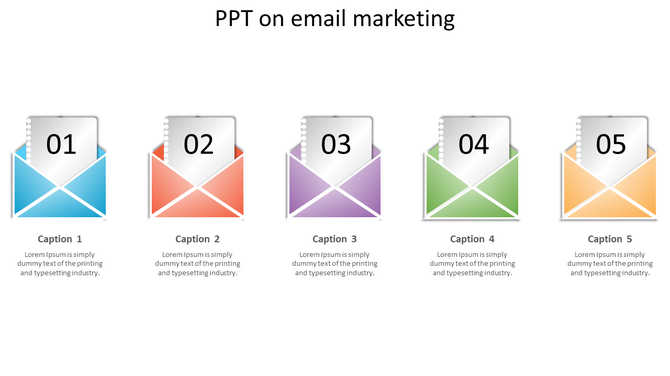 Email marketing PowerPoint template with five colored envelopes, each containing a numbered caption.