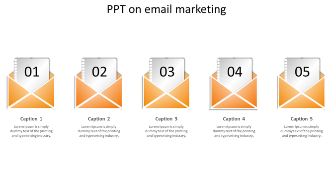 Illustration of email marketing featuring five open orange envelope, each containing a numbered document, with caption areas.