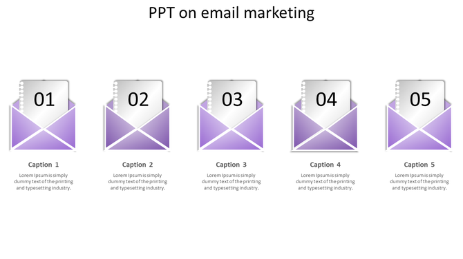 Five purple envelopes with numbered papers inside, representing steps in an email marketing process.