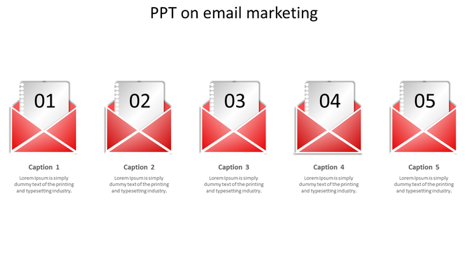 Email marketing template with five envelopes, each numbered, and spaces for captions areas.