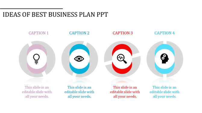 Slide with four circular infographic elements, each with a unique icon and caption in pastel and bold colors.