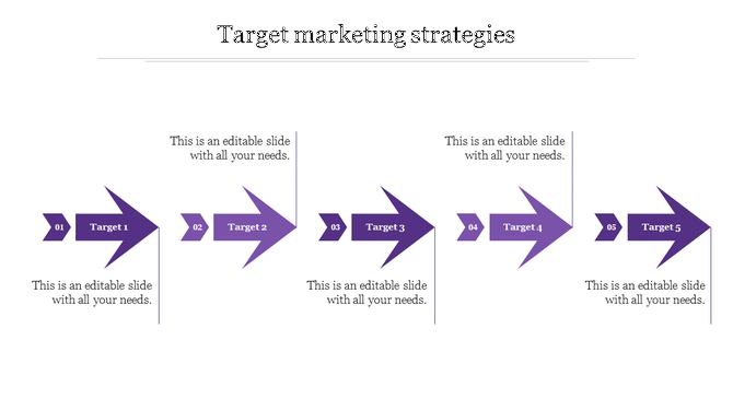 Stepwise purple arrow diagram for target marketing strategies, numbered from 01 to 05 with captions.