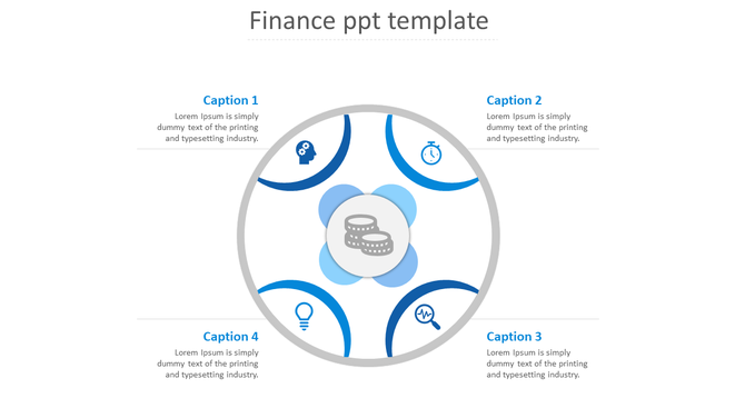Modern financial concept slide with a circular frame, central money icon, four blue arc sections, and labeled captions.