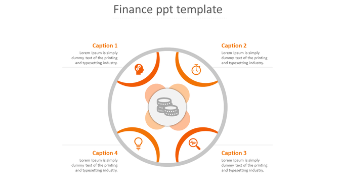 PowerPoint slide with an orange central finance icon surrounded by four steps, each with an icon and captions.