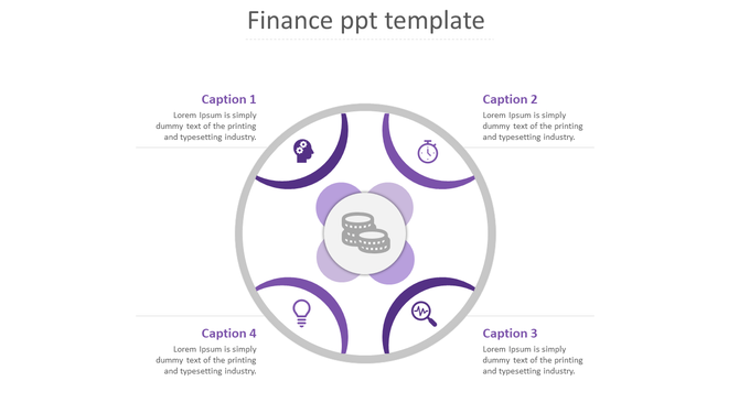 Modern financial concept slide with a circular frame, central money icon, four purple arc sections, and labeled captions.