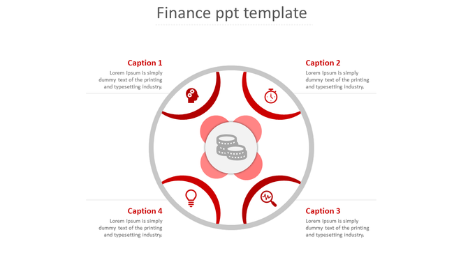 Finance template featuring a round diagram with four red sections and a coin icon in the center.