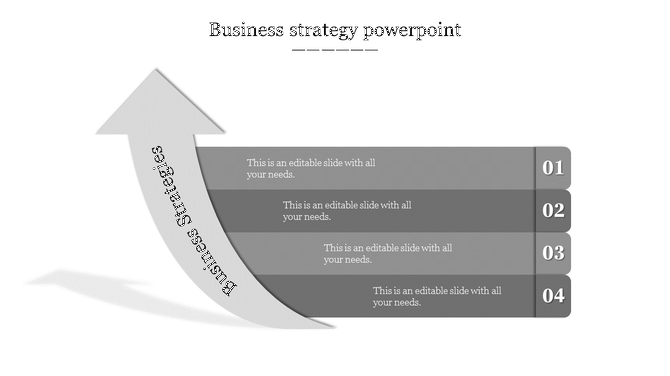 Four step grayscale business strategy diagram with stacked bars labeled 01 to 04, aligned with a curved upward arrow. 