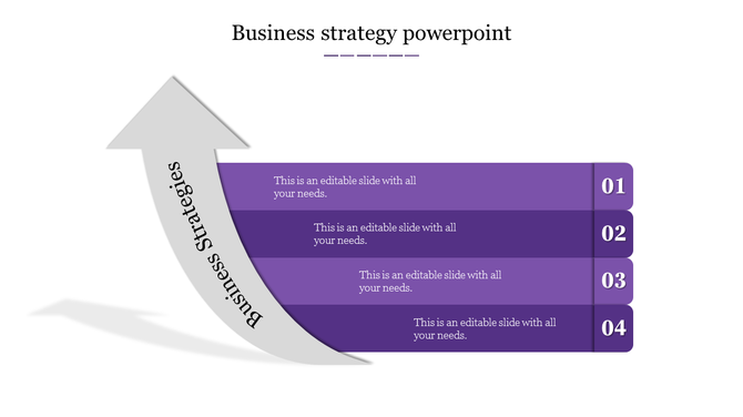 Business strategy infographic with a rising arrow and four horizontal purple blocks, each numbered 01 to 04.