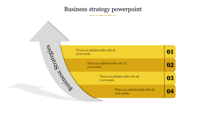 Business growth diagram featuring four stacked yellow sections with numbers and a rising gray arrow.