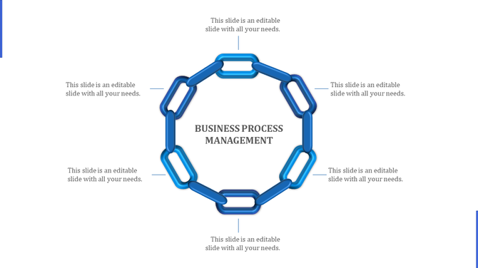 Business process management slide with a blue circular chain in the center, each link containing a caption.