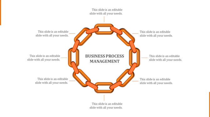 Business process management slide with a circular chain in the center, each link containing a caption.