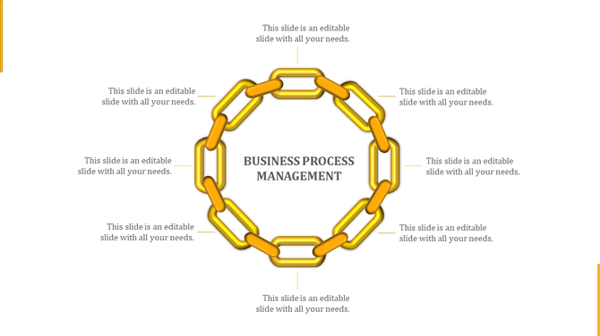 Circular chain diagram in yellow showing eight interconnected steps of business process management.