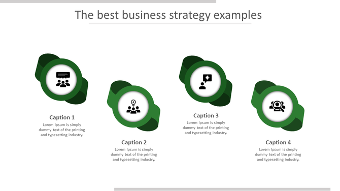 Business strategy PowerPoint template with four green icons representing different stages and numbered captions.
