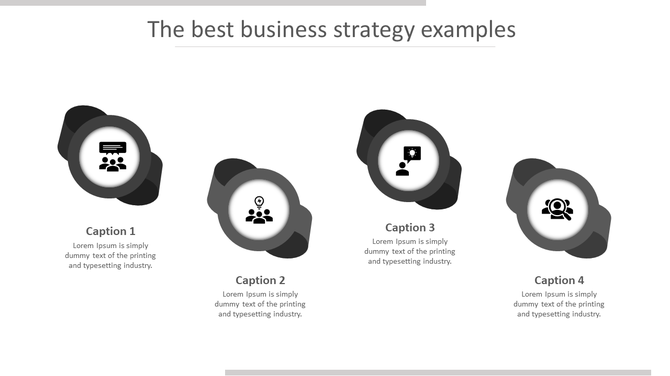 Business strategy infographic featuring four black and white rings containing icons with caption areas below them.