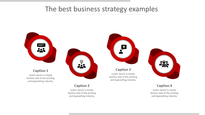 Business strategy template with four circular red elements, each displaying an icon and placeholder text areas.