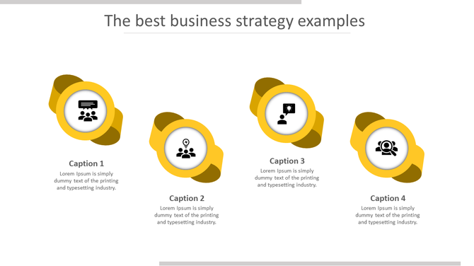 Four circular yellow elements with black icons arranged horizontally, each linked to captions describing business strategy.