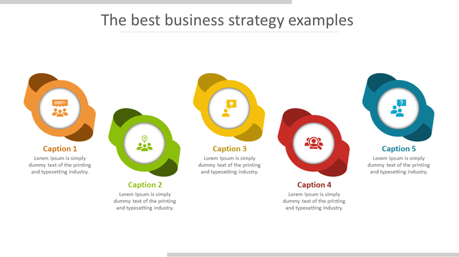 Slide showcasing five business strategy examples with colorful circular icons, each captioned with text areas.