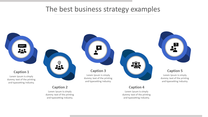 A modern business strategy template with five circular blue elements, each displaying an icon with caption areas.