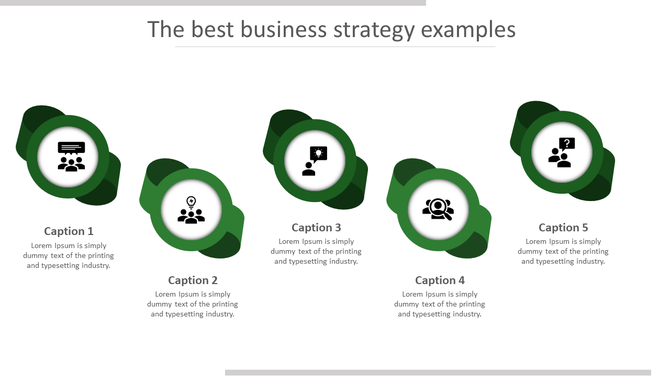 Five green circular elements with black icons arranged horizontally, each linked to captions describing business strategy.