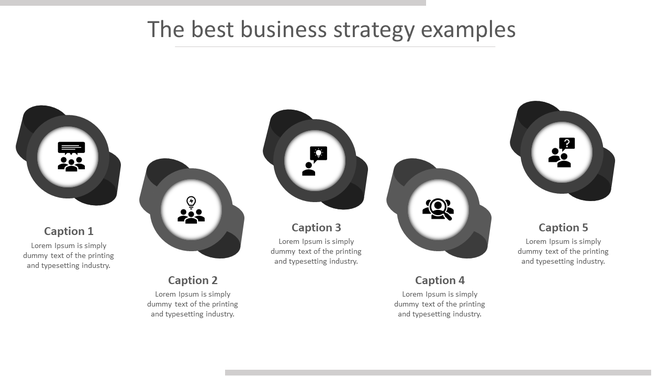 Business strategy PowerPoint template with five grey icons representing different stages and numbered captions.