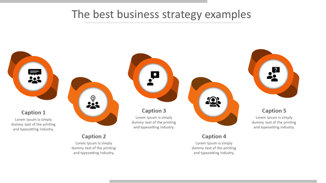 Five orange circular infographic for business strategy elements with related icons, arranged in a staggered layout.