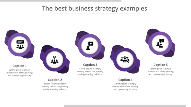 Structured layout with five purple rings, each highlighting different business strategy concepts through icons.