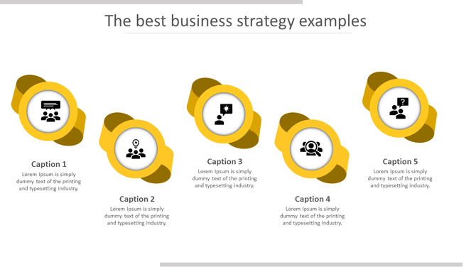 A modern business strategy template with five circular yellow elements, each displaying an icon and caption areas.