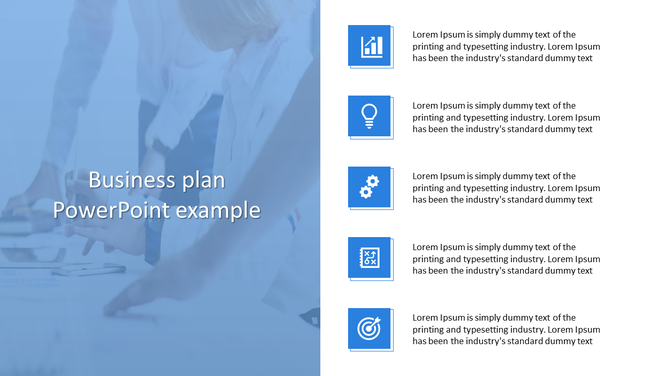 Business plan slide with various icons like a graph, lightbulb, gear, and target against a professional office background.
