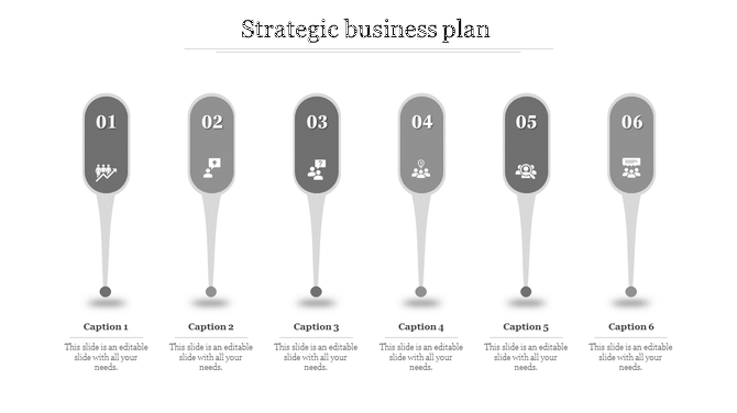Monochrome strategic business plan diagram with six vertical markers, each displaying a number, an icon, and a captions.