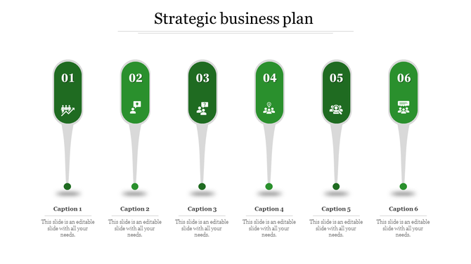 Strategic business plan slide with green milestones and icons, showing steps with captions and placeholder text.