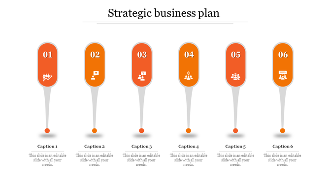 Modern infographic with six orange teardrop shaped elements in a row, each numbered and featuring white icons.