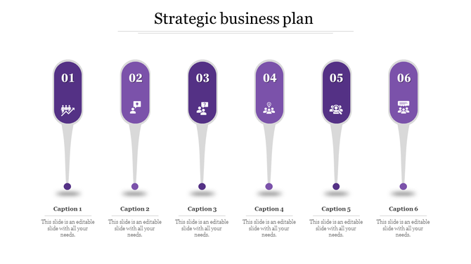 Horizontal strategic business plan diagram with six vertical markers, each containing a number, an icon, and a caption areas.