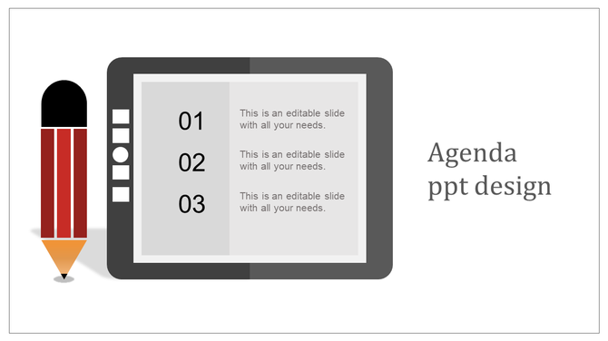 Slide with a gray agenda board displaying numbers 01 to 03 and text, alongside a red pencil graphic on the left.