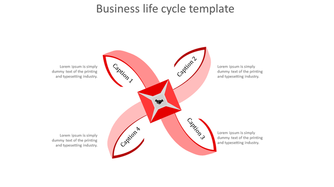 Business life cycle PPT slide with four red sections, each labeled Caption 1 to 4, and a handshake icon in the center.