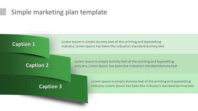 Simple marketing plan PowerPoint slide with three green steps labeled 1 to 3 with placeholder text.