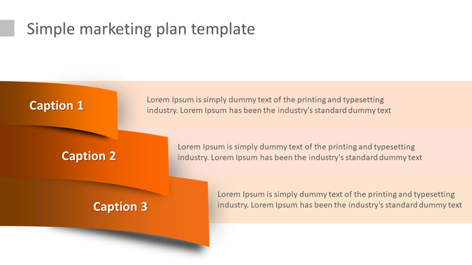 Marketing slide with three orange curved banners, each featuring white text and aligned descriptions.