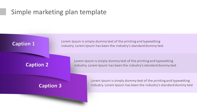 Simple marketing plan PowerPoint slide with three purple steps labeled 1 to 3 with placeholder text.