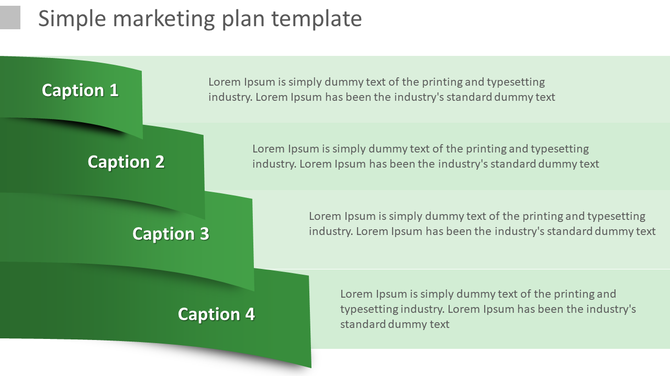 Marketing plan step diagram featuring four green gradient ribbons arranged in a cascading layout, with white text labels.
