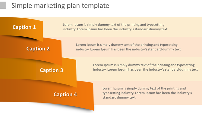 Four-step marketing infographic with layered orange curved banners labeled with four caption areas in a beige background.