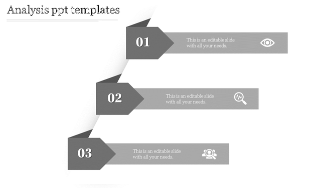 Grayscale process flow diagram with three horizontal arrows, numbered 01 to 03, showing analysis steps.