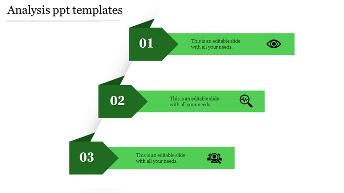 Vertical analysis infographic with three green arrow labels numbered 01 to 03, each linked to a text box with an icon.