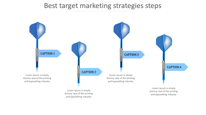 Four blue darts pointing downward with labels, illustrating steps in a marketing strategy process.