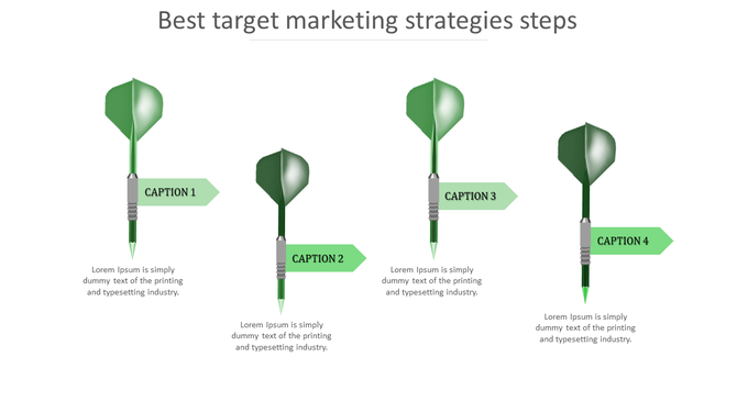 Target marketing strategies PPT slide steps with arrows and captions highlighting four green stages.