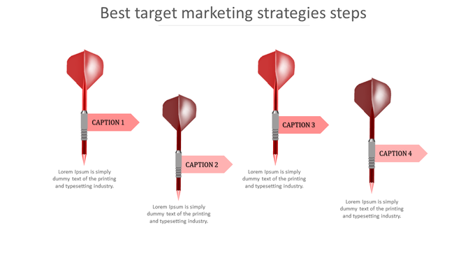Four red darts aligned in a row, each labeled with a caption tag, representing target marketing strategy steps.